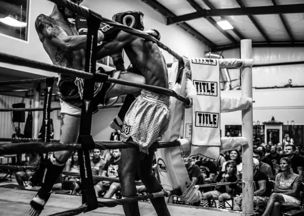 2 boxers sparring black and white