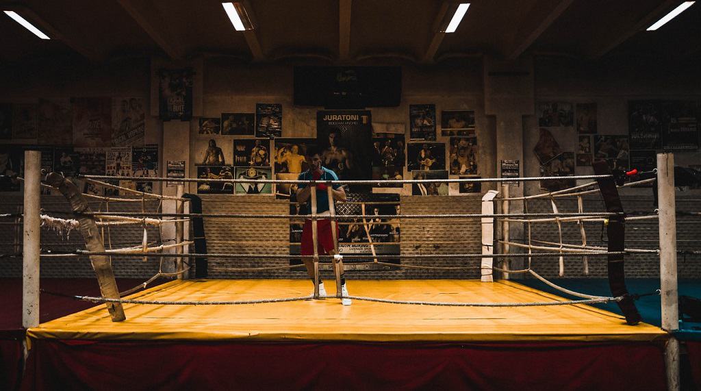 Boxing ring under lights